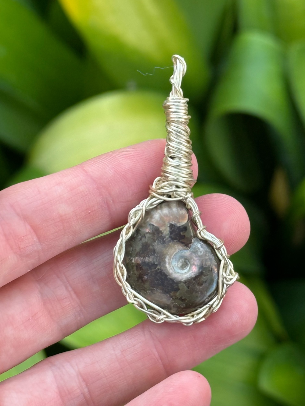 Handmade Gold Wire-Wrapped Ammonite Pendant - Brown
